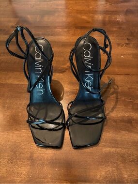 Calvin Klein Women’s Black Patent Strappy Square-Toe Heels Size 10